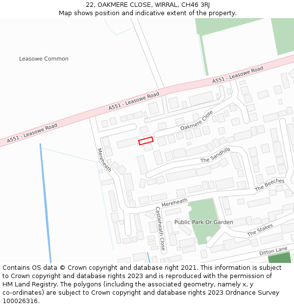 22, OAKMERE CLOSE, WIRRAL, CH46 3RJ: Location map and indicative extent of plot