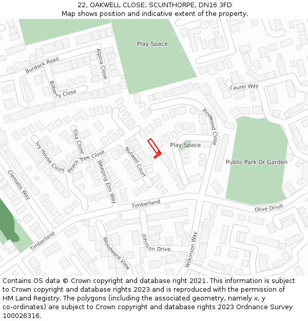 22, OAKWELL CLOSE, SCUNTHORPE, DN16 3FD: Location map and indicative extent of plot