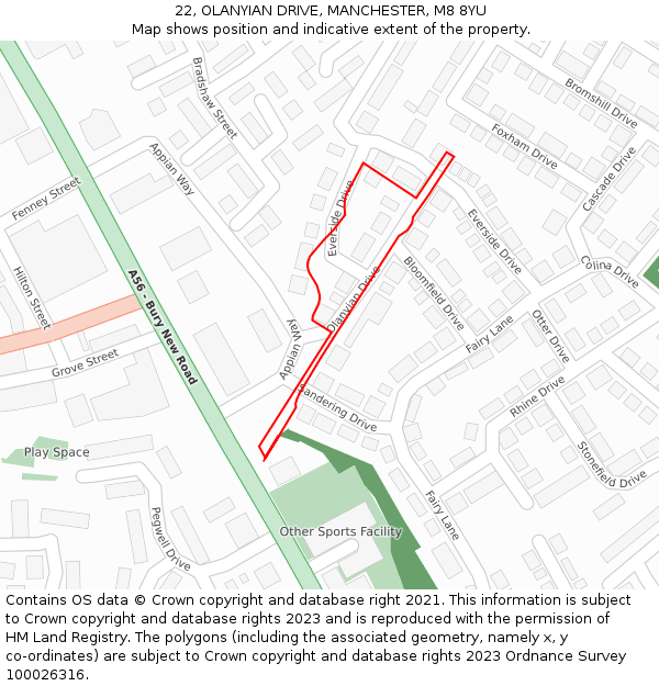 22, OLANYIAN DRIVE, MANCHESTER, M8 8YU: Location map and indicative extent of plot