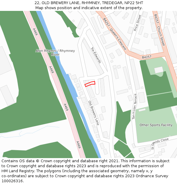 22, OLD BREWERY LANE, RHYMNEY, TREDEGAR, NP22 5HT: Location map and indicative extent of plot