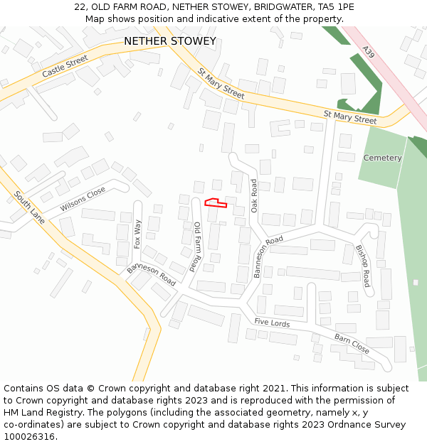 22, OLD FARM ROAD, NETHER STOWEY, BRIDGWATER, TA5 1PE: Location map and indicative extent of plot