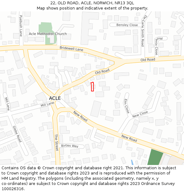 22, OLD ROAD, ACLE, NORWICH, NR13 3QL: Location map and indicative extent of plot