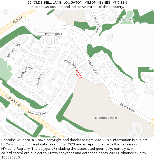 22, OLDE BELL LANE, LOUGHTON, MILTON KEYNES, MK5 8EN: Location map and indicative extent of plot