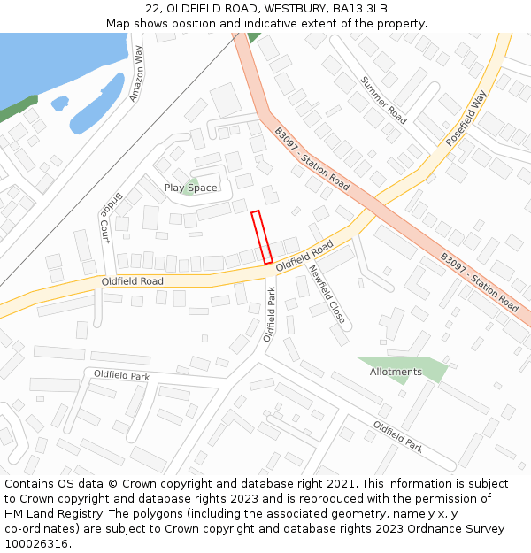 22, OLDFIELD ROAD, WESTBURY, BA13 3LB: Location map and indicative extent of plot