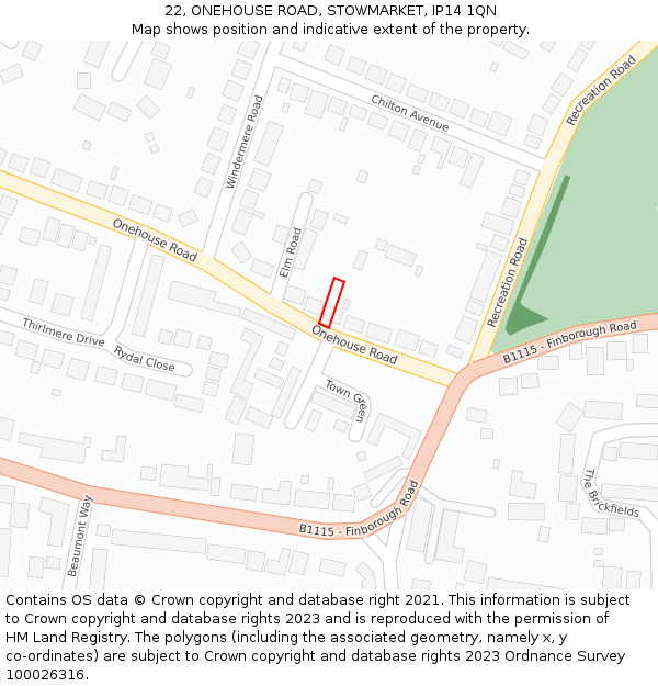 22, ONEHOUSE ROAD, STOWMARKET, IP14 1QN: Location map and indicative extent of plot