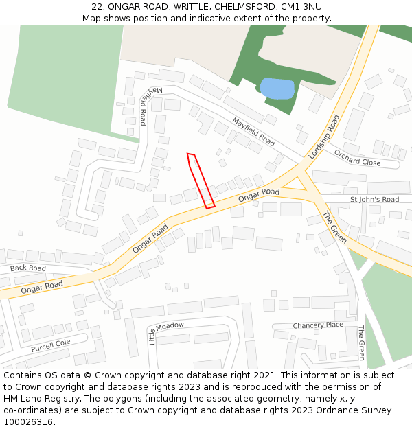 22, ONGAR ROAD, WRITTLE, CHELMSFORD, CM1 3NU: Location map and indicative extent of plot