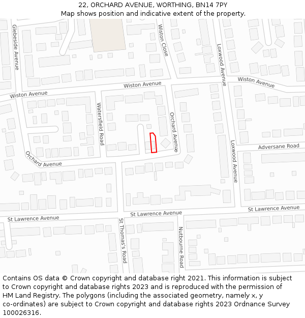 22, ORCHARD AVENUE, WORTHING, BN14 7PY: Location map and indicative extent of plot
