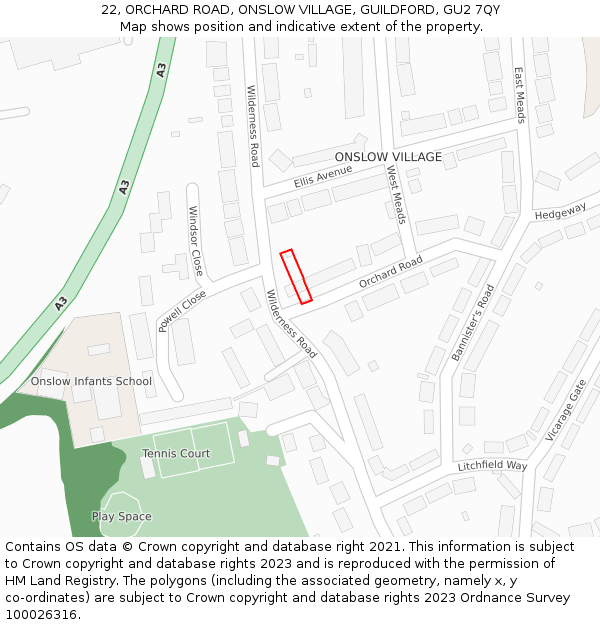 22, ORCHARD ROAD, ONSLOW VILLAGE, GUILDFORD, GU2 7QY: Location map and indicative extent of plot