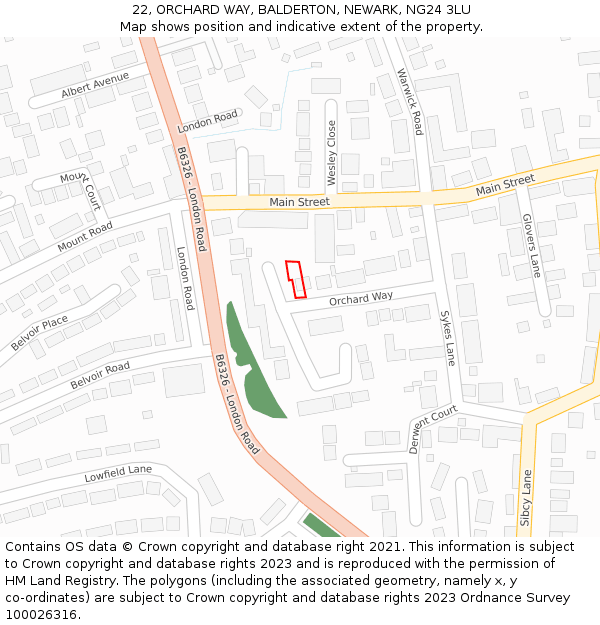 22, ORCHARD WAY, BALDERTON, NEWARK, NG24 3LU: Location map and indicative extent of plot