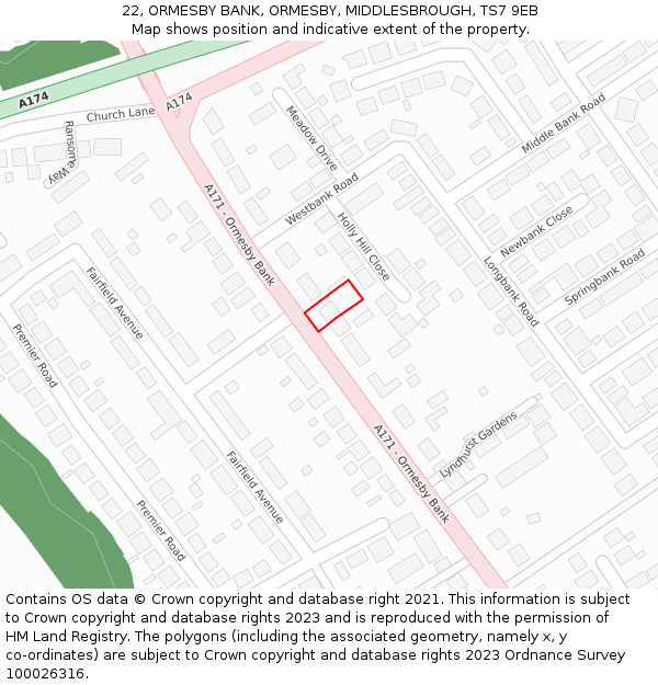 22, ORMESBY BANK, ORMESBY, MIDDLESBROUGH, TS7 9EB: Location map and indicative extent of plot