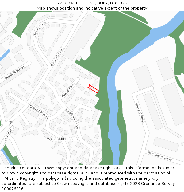 22, ORWELL CLOSE, BURY, BL8 1UU: Location map and indicative extent of plot