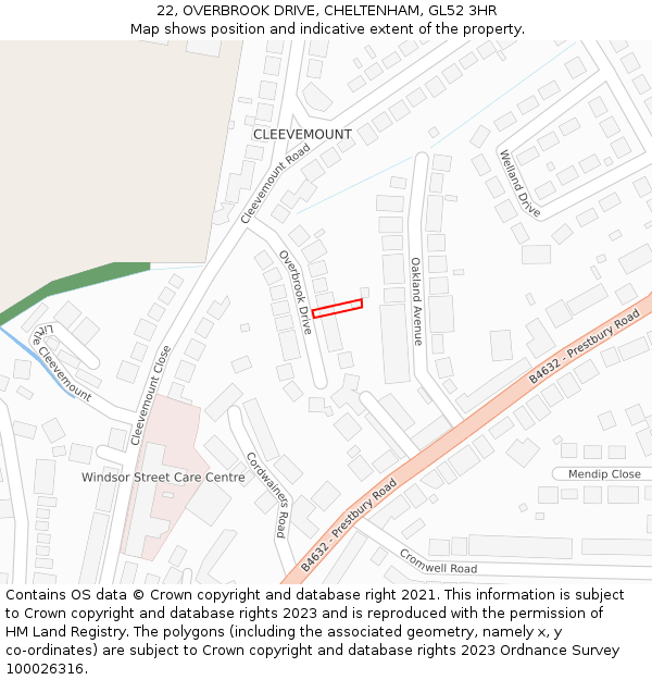 22, OVERBROOK DRIVE, CHELTENHAM, GL52 3HR: Location map and indicative extent of plot