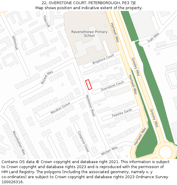 22, OVERSTONE COURT, PETERBOROUGH, PE3 7JE: Location map and indicative extent of plot