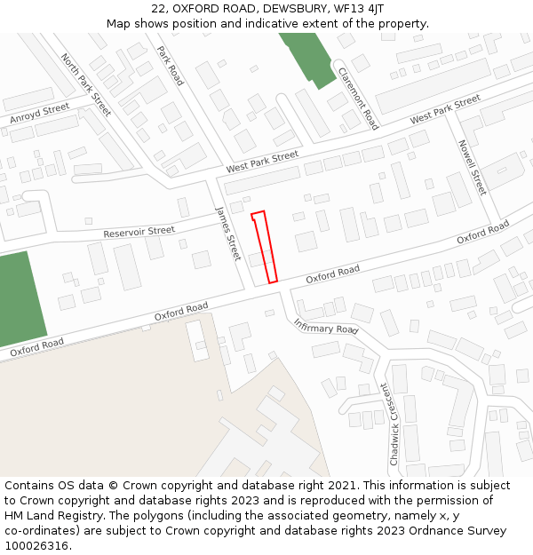 22, OXFORD ROAD, DEWSBURY, WF13 4JT: Location map and indicative extent of plot