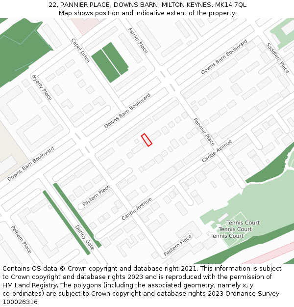 22, PANNIER PLACE, DOWNS BARN, MILTON KEYNES, MK14 7QL: Location map and indicative extent of plot