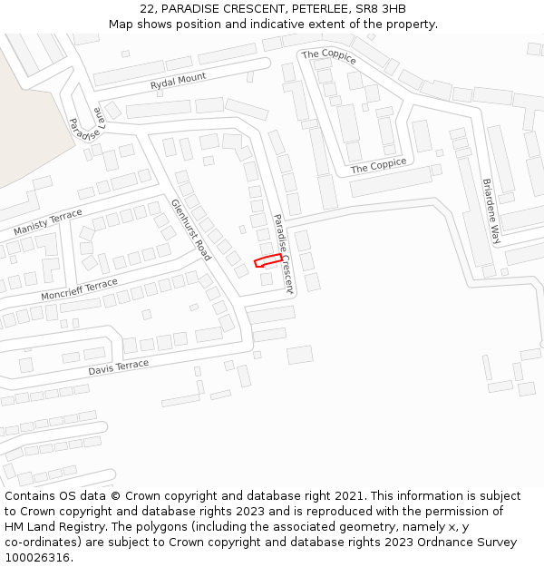 22, PARADISE CRESCENT, PETERLEE, SR8 3HB: Location map and indicative extent of plot