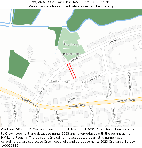 22, PARK DRIVE, WORLINGHAM, BECCLES, NR34 7DJ: Location map and indicative extent of plot