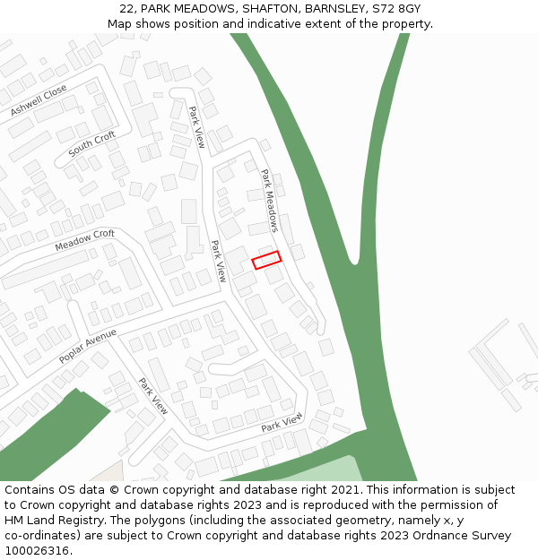 22, PARK MEADOWS, SHAFTON, BARNSLEY, S72 8GY: Location map and indicative extent of plot