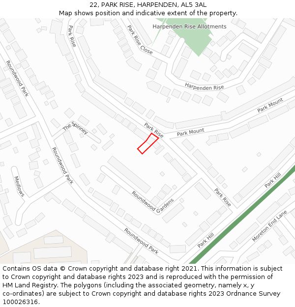 22, PARK RISE, HARPENDEN, AL5 3AL: Location map and indicative extent of plot