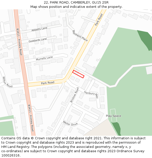 22, PARK ROAD, CAMBERLEY, GU15 2SR: Location map and indicative extent of plot