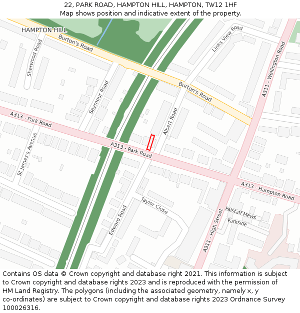 22, PARK ROAD, HAMPTON HILL, HAMPTON, TW12 1HF: Location map and indicative extent of plot