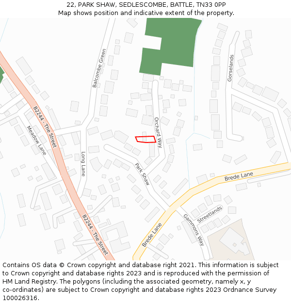 22, PARK SHAW, SEDLESCOMBE, BATTLE, TN33 0PP: Location map and indicative extent of plot