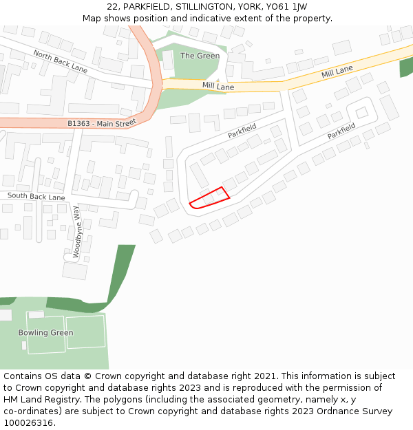 22, PARKFIELD, STILLINGTON, YORK, YO61 1JW: Location map and indicative extent of plot