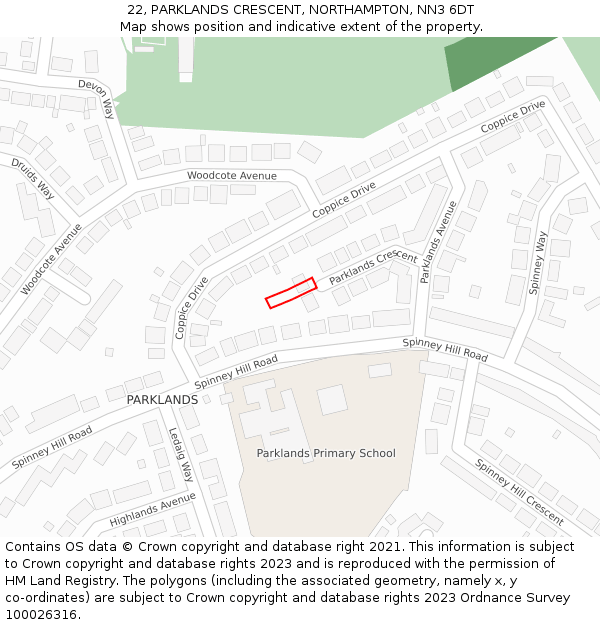 22, PARKLANDS CRESCENT, NORTHAMPTON, NN3 6DT: Location map and indicative extent of plot