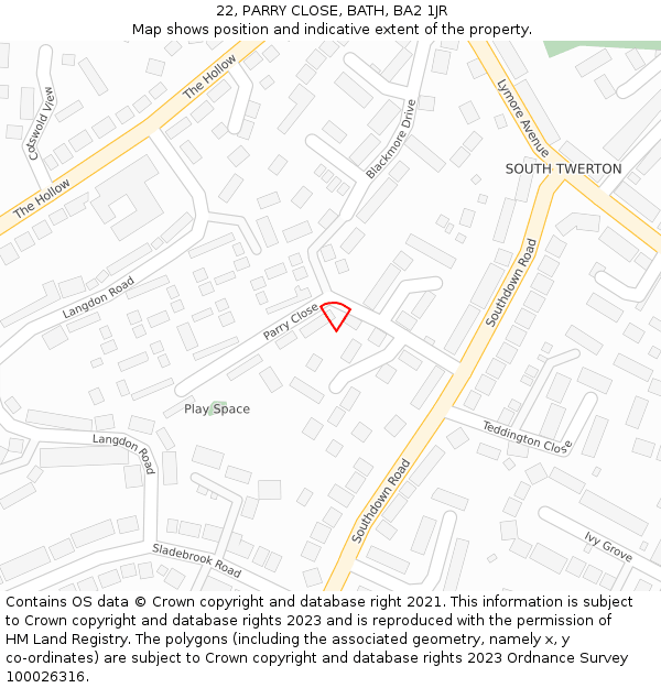 22, PARRY CLOSE, BATH, BA2 1JR: Location map and indicative extent of plot