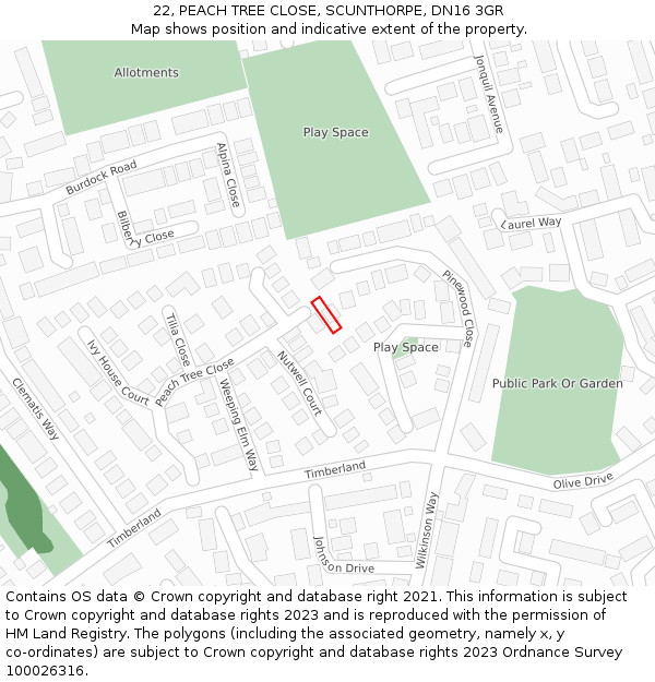 22, PEACH TREE CLOSE, SCUNTHORPE, DN16 3GR: Location map and indicative extent of plot