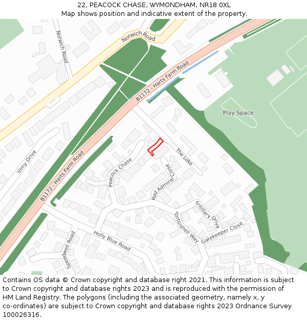 22, PEACOCK CHASE, WYMONDHAM, NR18 0XL: Location map and indicative extent of plot