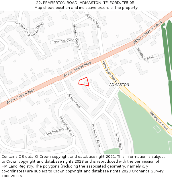 22, PEMBERTON ROAD, ADMASTON, TELFORD, TF5 0BL: Location map and indicative extent of plot
