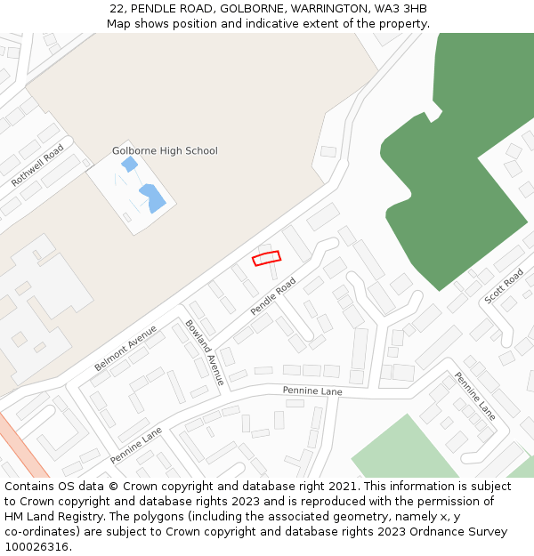 22, PENDLE ROAD, GOLBORNE, WARRINGTON, WA3 3HB: Location map and indicative extent of plot