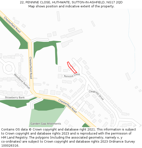 22, PENNINE CLOSE, HUTHWAITE, SUTTON-IN-ASHFIELD, NG17 2QD: Location map and indicative extent of plot