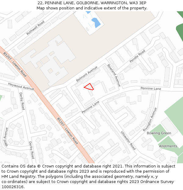 22, PENNINE LANE, GOLBORNE, WARRINGTON, WA3 3EP: Location map and indicative extent of plot