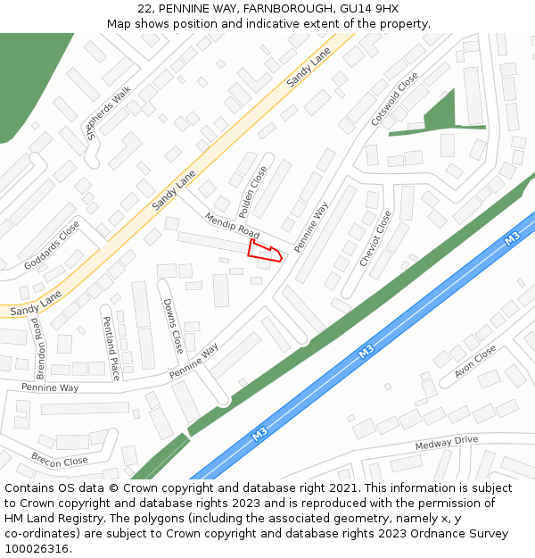 22, PENNINE WAY, FARNBOROUGH, GU14 9HX: Location map and indicative extent of plot