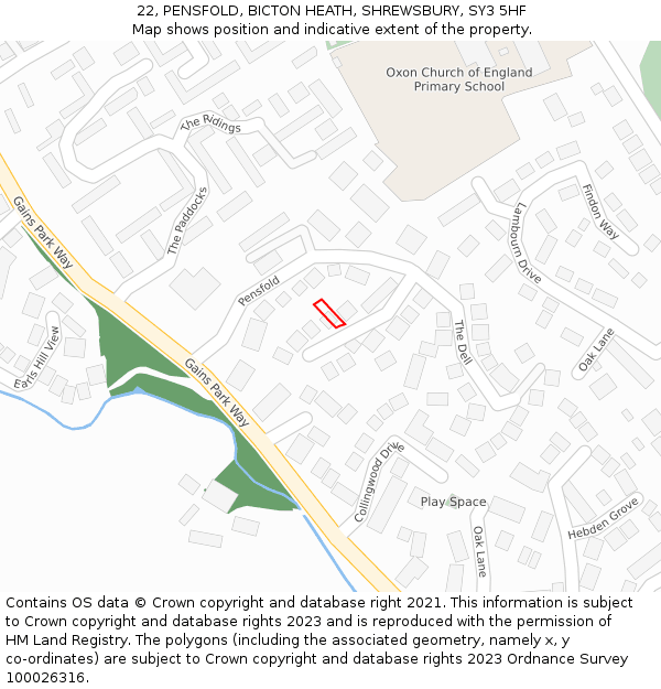 22, PENSFOLD, BICTON HEATH, SHREWSBURY, SY3 5HF: Location map and indicative extent of plot