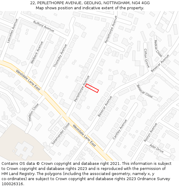 22, PERLETHORPE AVENUE, GEDLING, NOTTINGHAM, NG4 4GG: Location map and indicative extent of plot