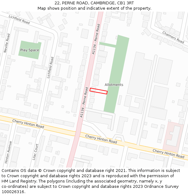 22, PERNE ROAD, CAMBRIDGE, CB1 3RT: Location map and indicative extent of plot