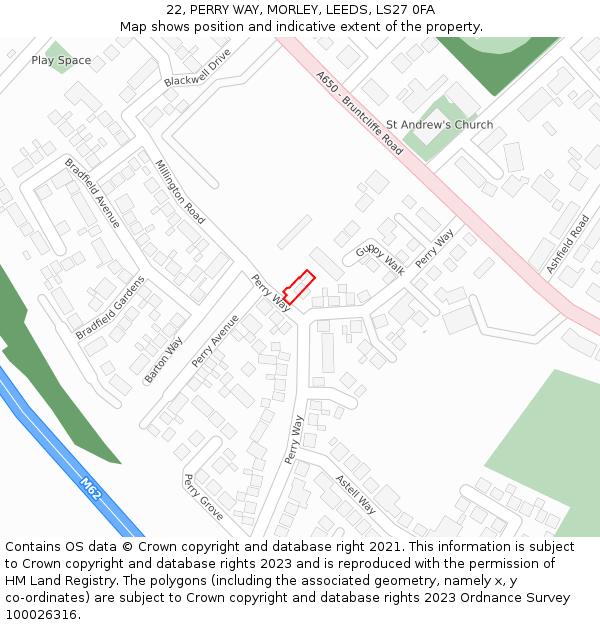 22, PERRY WAY, MORLEY, LEEDS, LS27 0FA: Location map and indicative extent of plot