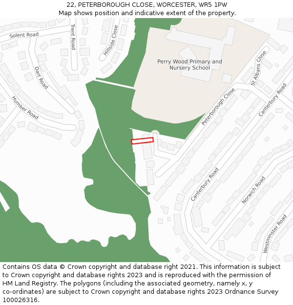 22, PETERBOROUGH CLOSE, WORCESTER, WR5 1PW: Location map and indicative extent of plot