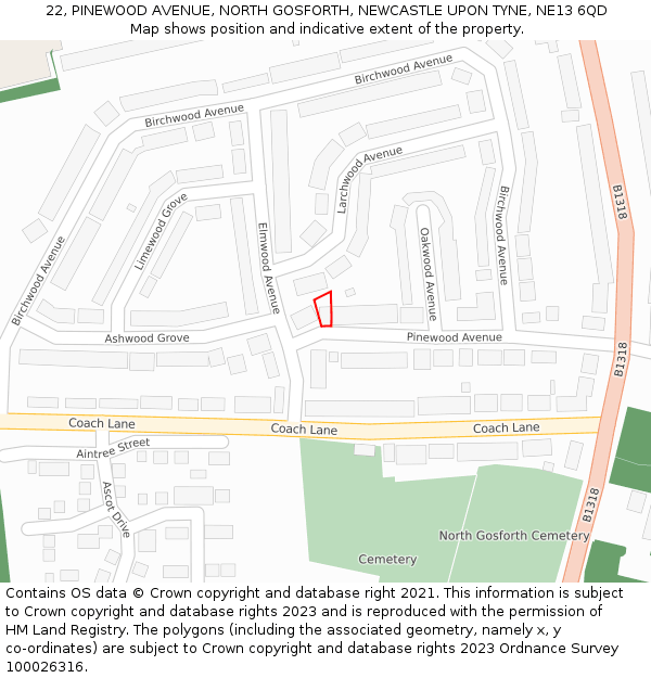 22, PINEWOOD AVENUE, NORTH GOSFORTH, NEWCASTLE UPON TYNE, NE13 6QD: Location map and indicative extent of plot