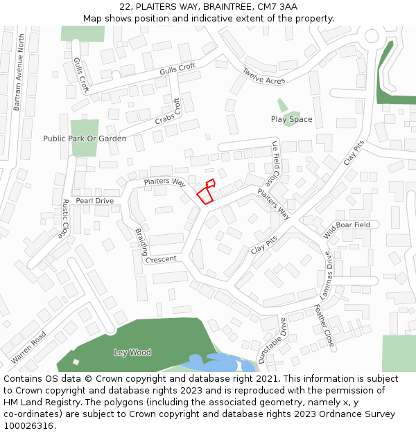 22, PLAITERS WAY, BRAINTREE, CM7 3AA: Location map and indicative extent of plot