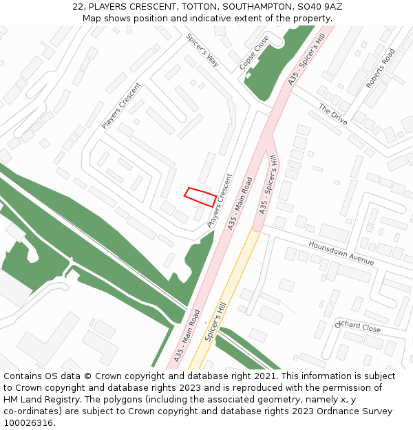 22, PLAYERS CRESCENT, TOTTON, SOUTHAMPTON, SO40 9AZ: Location map and indicative extent of plot