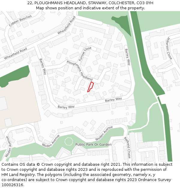 22, PLOUGHMANS HEADLAND, STANWAY, COLCHESTER, CO3 0YH: Location map and indicative extent of plot