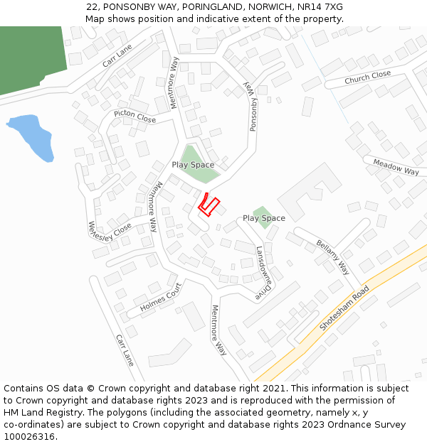 22, PONSONBY WAY, PORINGLAND, NORWICH, NR14 7XG: Location map and indicative extent of plot