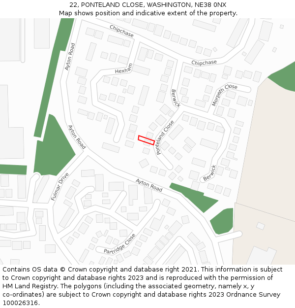 22, PONTELAND CLOSE, WASHINGTON, NE38 0NX: Location map and indicative extent of plot