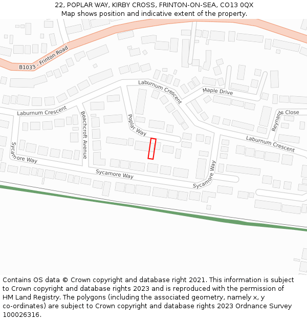 22, POPLAR WAY, KIRBY CROSS, FRINTON-ON-SEA, CO13 0QX: Location map and indicative extent of plot