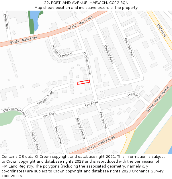 22, PORTLAND AVENUE, HARWICH, CO12 3QN: Location map and indicative extent of plot