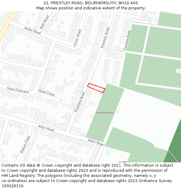 22, PRIESTLEY ROAD, BOURNEMOUTH, BH10 4AS: Location map and indicative extent of plot